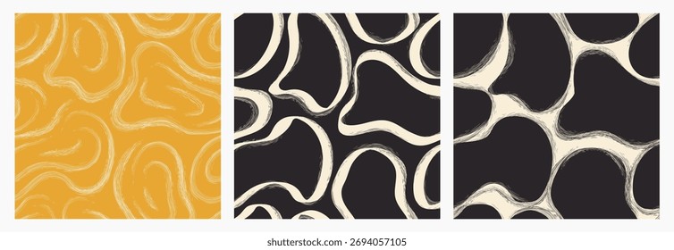 A set of 3 seamless vector patterns with abstract, organic shapes and lines. Hand-drawn brush stroke textures in yellow and black. Modern, bold designs for fabric or backgrounds.