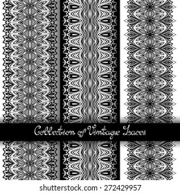 Set of 3 Seamless Vintage Patterns (Vector). Black and White Design. Hand Drawn Tile Texture, Ethnic Ornament