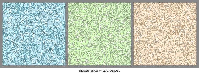 Set of 3 seamlessly tileable Reaction Diffusion Turing patterns. Relevant to the natural organic process that causes animal patterns, also relevant to computer and social networks. Creative coding.