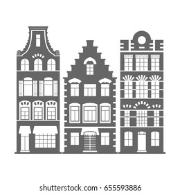 Set of 3 shape Amsterdam, Holland old houses facades. Traditional architecture of Netherlands. Silhouette black and white vector isolated illustrations in the Dutch style.