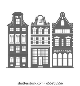 Set of 3 shape Amsterdam, Holland old houses facades. Traditional architecture of Netherlands. Silhouette black and white vector isolated illustrations in the Dutch style.