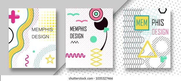 Set of 3 shiny colorful memphis style covers. Can be used on flyers banners web. Trendy memphis 80's and 90's design. Geometric grunge patterns. Fashion minimal pop memphis backgrounds. Vector EPS 10.