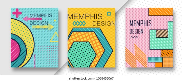 Set of 3 shiny colorful memphis style covers. Can be used on flyers banners web. Trendy memphis 80's and 90's design. Geometric grunge patterns. Fashion minimal pop memphis backgrounds. Vector EPS 10.