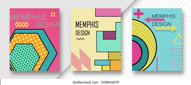 Set of 3 shiny colorful memphis style covers. Can be used on flyers banners web. Trendy memphis 80's and 90's design. Geometric grunge patterns. Fashion minimal pop memphis backgrounds. Vector EPS 10.