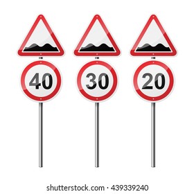 Set of 3 signs, isolated on white background. Rough roads. Speed limit. EPS10 vector illustration.