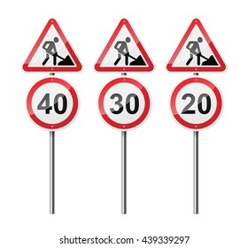 Set of 3 signs, isolated on white background. Road works. Speed limit. EPS10 vector illustration.