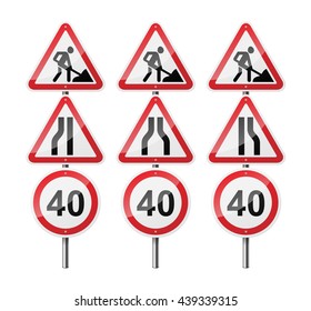 Set of 3 signs, isolated on white background. Road works. Speed limit. EPS10 vector illustration.
