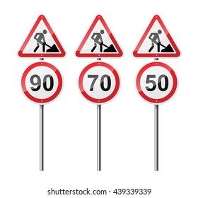 Set of 3 signs, isolated on white background. Road works. Speed limit. EPS10 vector illustration.