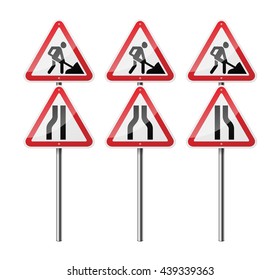 Set of 3 signs, isolated on white background. Road works. EPS10 vector illustration.