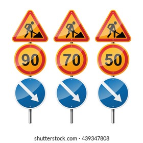Set of 3 signs, isolated on white background. Road works. Speed limit. Pointer. EPS10 vector illustration.