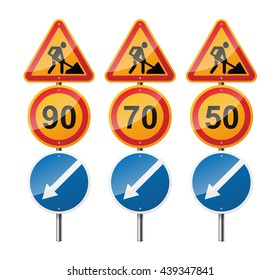 Set of 3 signs, isolated on white background. Road works. Speed limit. Pointer. EPS10 vector illustration.