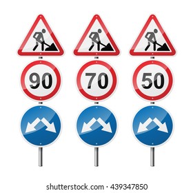 Set of 3 signs, isolated on white background. Road works. Speed limit. Pointer. EPS10 vector illustration.