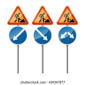 Set of 3 signs, isolated on white background. Road works. Pointer. EPS10 vector illustration.