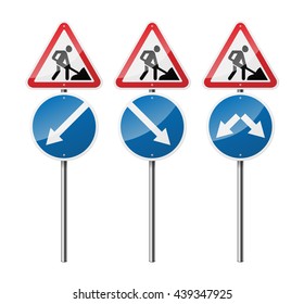Set of 3 signs, isolated on white background. Road works. Pointer. EPS10 vector illustration.
