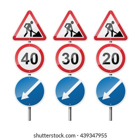 Set of 3 signs, isolated on white background. Road works. Speed limit. Pointer. EPS10 vector illustration.