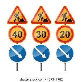 Set of 3 signs, isolated on white background. Road works. Speed limit. Pointer. EPS10 vector illustration.