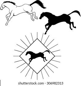Set of 3 silhouettes of horses. Running horse in the diamond. Free horse logo.