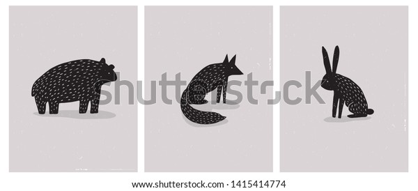手描きの熊 ハレ キツネを持つ3つの簡単な抽象的ベクターイラストのセット ベージュグランジ背景に黒い野生動物のシルエット スカンジナビア風のベクター画像カード ポスター 印刷 のベクター画像素材 ロイヤリティフリー