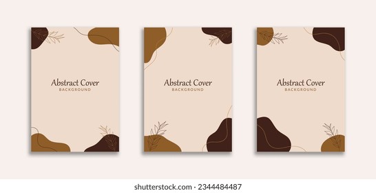 Set of 3 Simple Aesthetic Background A4 with Brown Blob and Botanical Object. Dynamic style for Cover book, booklet, banners , pamphlet, posters, frame, borders, presentations, flyers
