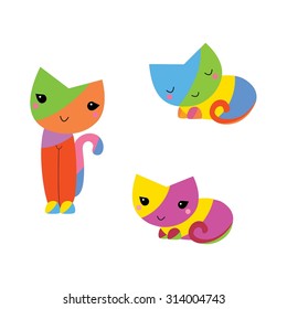 Set of 3 simple colorful cute vector cats 