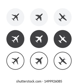 Set of 3 simple design airplane icons. Rounded background