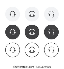 Set of 3 simple design headphones icons. Rounded background headphones collection