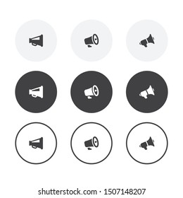 Set of 3 simple design megaphone icons. Rounded background megaphone symbol