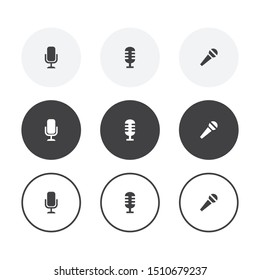 Set of 3 simple design microphone icons. Rounded background microphone collection