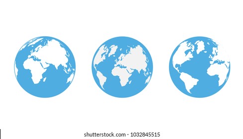 Set of 3 simple globes. Three icons isolated on a white background. Blue and white. In three different positions. Vector illustration.