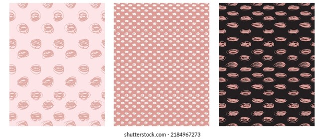 Set of 3 Simple Hand Drawn Vector Patterns with Brush Spots, Scribbles and Dots on a Blush, Pink and Black Background.Modern Irregular Geometric Seamless Pattern.Cool Repeatable Abstract Doodle Print.