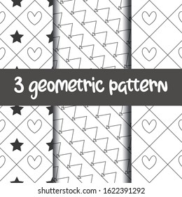 Set of 3 simple ornament vector seamless patterns. Use for ceramic tiles, wallpaper, linoleum, textiles, wrapping paper, web page, kids, Valentine’s day, postcard. Background or wallpaper with hearts

