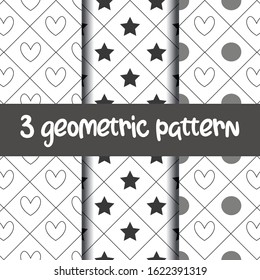 Set of 3 simple ornament vector seamless patterns. Use for ceramic tiles, wallpaper, linoleum, textiles, wrapping paper, web page, kids, Valentine’s day, postcard. Background or wallpaper with hearts
