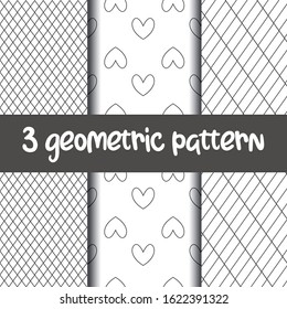 Set of 3 simple ornament vector seamless patterns. Use for ceramic tiles, wallpaper, linoleum, textiles, wrapping paper, web page, kids, Valentine’s day, postcard. Background or wallpaper with hearts
