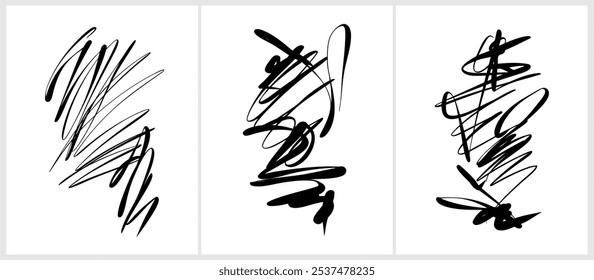 Conjunto de 3 gráficos vetoriais simples com sinais de preto abstrato em estilo de desenho caligráfico japonês. Mão Preta Desenhou Linhas Bagunçadas Irregulares Isoladas em um Fundo Branco. Arte Moderna. 