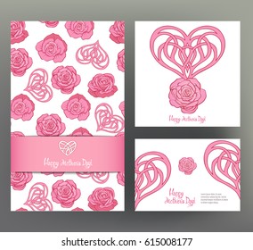 Set of 3 size postcard or banner for Happy mother's Day with Love heart . Stock line vector illustration.