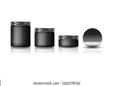 Set of 3 sizes black cosmetic round jar with black lid for beauty or healthy product. Isolated on white background with reflection shadow. Ready to use for package design. Vector illustration.