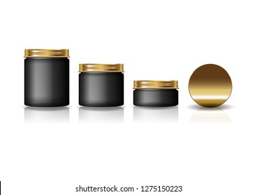 Set of 3 sizes black cosmetic round jar with gold lid for beauty or healthy product. Isolated on white background with reflection shadow. Ready to use for package design. Vector illustration.