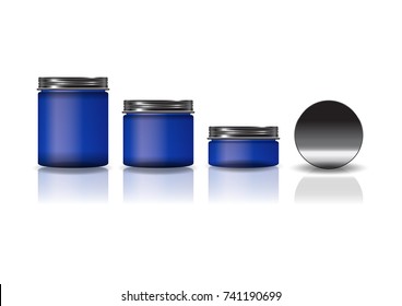 Set of 3 sizes blue cosmetic round jar with black lid for beauty or healthy product. Isolated on white background with reflection shadow. Ready to use for package design. Vector illustration.