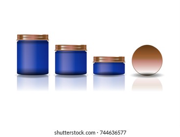 Set of 3 sizes blue cosmetic round jar with copper lid for beauty or healthy product. Isolated on white background with reflection shadow. Ready to use for package design. Vector illustration.