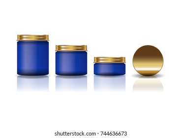 Set of 3 sizes blue cosmetic round jar with gold lid for beauty or healthy product. Isolated on white background with reflection shadow. Ready to use for package design. Vector illustration.