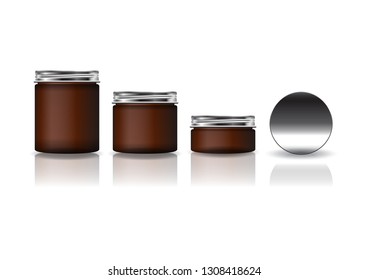 Set of 3 sizes brown cosmetic round jar with silver lid for beauty or healthy product. Isolated on white background with reflection shadow. Ready to use for package design. Vector illustration.