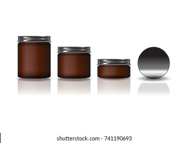 Set of 3 sizes brown cosmetic round jar with black lid for beauty or healthy product. Isolated on white background with reflection shadow. Ready to use for package design. Vector illustration.