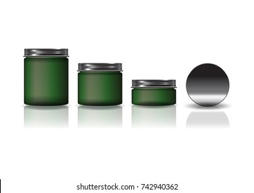 Set of 3 sizes green cosmetic round jar with black lid for beauty or healthy product. Isolated on white background with reflection shadow. Ready to use for package design. Vector illustration.