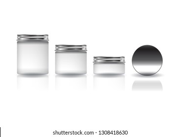 Set of 3 sizes white cosmetic round jar with silver lid for beauty or healthy product. Isolated on white background with reflection shadow. Ready to use for package design. Vector illustration.