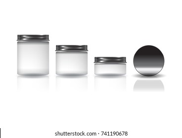 Set of 3 sizes white cosmetic round jar with black lid for beauty or healthy product. Isolated on white background with reflection shadow. Ready to use for package design. Vector illustration.