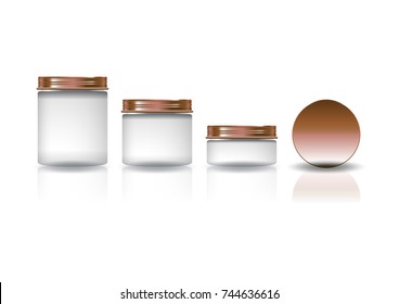 Set of 3 sizes white cosmetic round jar with copper lid for beauty or healthy product. Isolated on white background with reflection shadow. Ready to use for package design. Vector illustration.