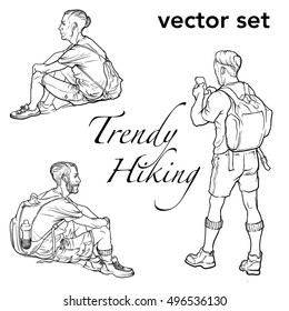 Set of 3 sketched man figures. Hipster style looking young backpackers sitting and standing. Sketch and white silhouette isolated on white background. EPS10 vector illustration.