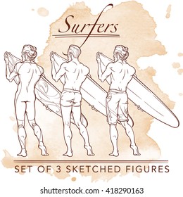 Set of 3 sketched surfer  back view figures. Hipster style looking young surfers wearing different swimwear. Sketch and silhouette. Grunge background. EPS10 vector illustration.