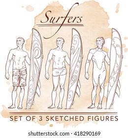 Set of 3 sketched surfer  front view figures. Hipster style looking young surfers wearing different swimwear. Sketch and silhouette. Grunge background. EPS10 vector illustration.