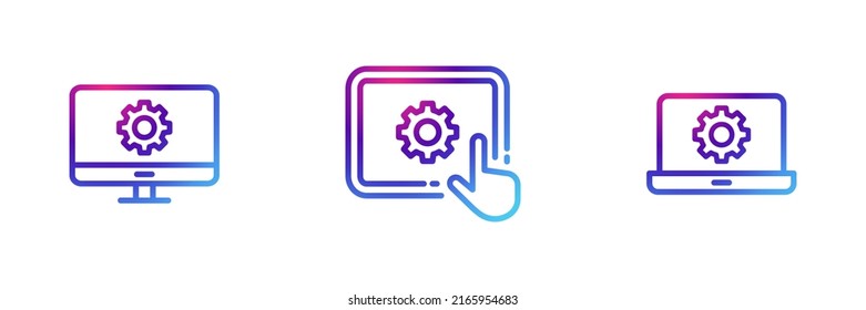 Conjunto de 3 dispositivos inteligentes con un icono de engranaje con efecto gradiente púrpura.